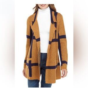 Women's Tan and Blue Open Front Sweater